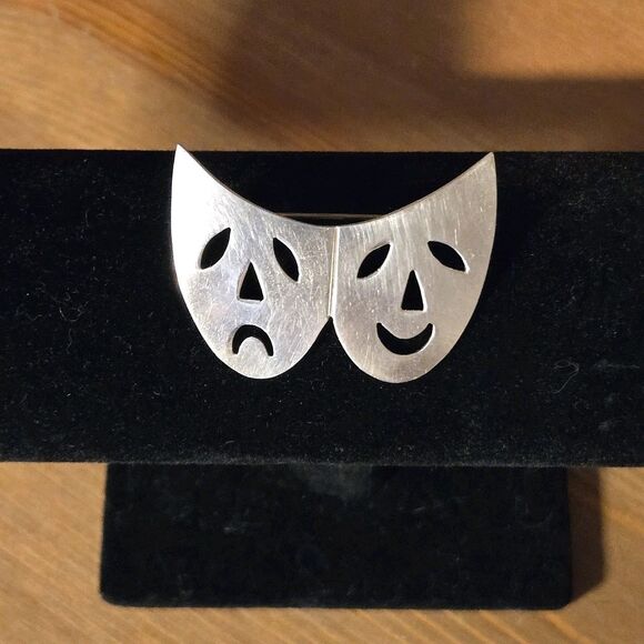Comedy Tragedy Theater Masks Brooch Pin And Pendant, Mexico 925 Sterling Silver - Picture 1 of 9